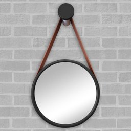 Espelho Redondo Adnet 37cm Preto com Suporte e Alça em Couro Ecológico Escandinavo Decorativo - 1