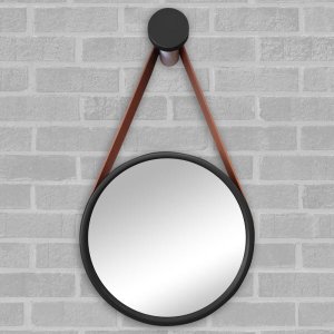 Espelho Redondo Adnet 37cm Preto com Suporte e Alça em Couro Ecológico Escandinavo Decorativo