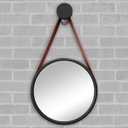 Ver imagem 1 de Espelho Redondo Adnet 37cm Preto com Suporte e Alça em Couro Ecológico Escandinavo Decorativo