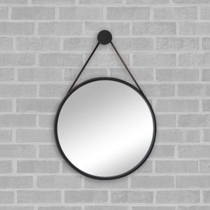 Espelho Redondo Adnet 50cm Preto com Suporte e Alça em Couro Ecológico Escandinavo Decorativo