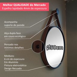 Espelho Redondo Adnet 50cm Preto com Suporte e Alça em Couro Ecológico Escandinavo Decorativo - 2