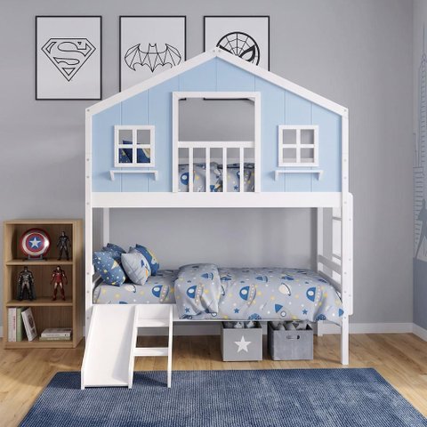 Beliche Casinha Dos Sonhos com Varanda e Kit Escorregador Madeira Maciça Branco | Azul Housin