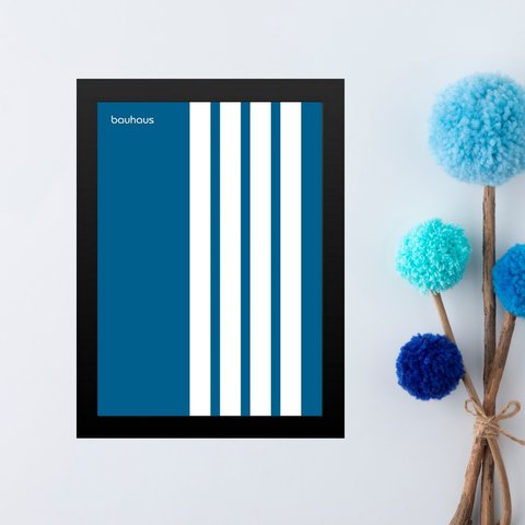 Quadro Abstrato Bauhaus Minimalista Azul - Linhas Paralelas 33x24cm:moldura Preta