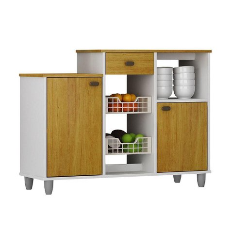 Fruteira Chão Nora Multiuso Flex 3 Portas Gaveta Mobilihouse Cinamomo com Branco Acetinado