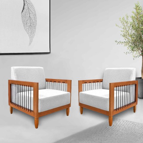 Kit 2 Poltronas Sala de Estar Pés Madeira Maciça Corda Náutica Preta 75cm Manila Linho Cinza Rústico