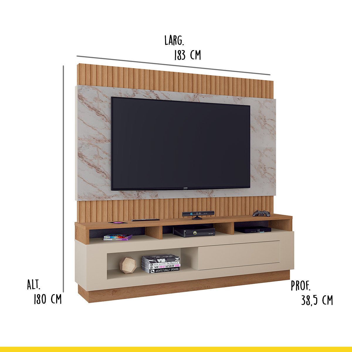 Painel Home Ripado para TV 65 Pol Toronto 183 x 180 Cm Nichos MDP Canelato Off White - ClickLar - 3