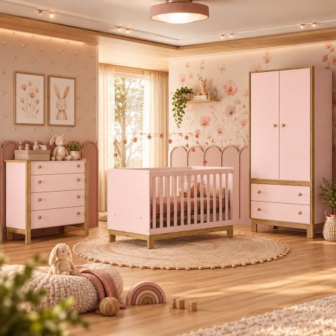 Quarto de Bebê Flora Guarda Roupa 2 Portas Cômoda 4 Gavetas Berço Qmovi