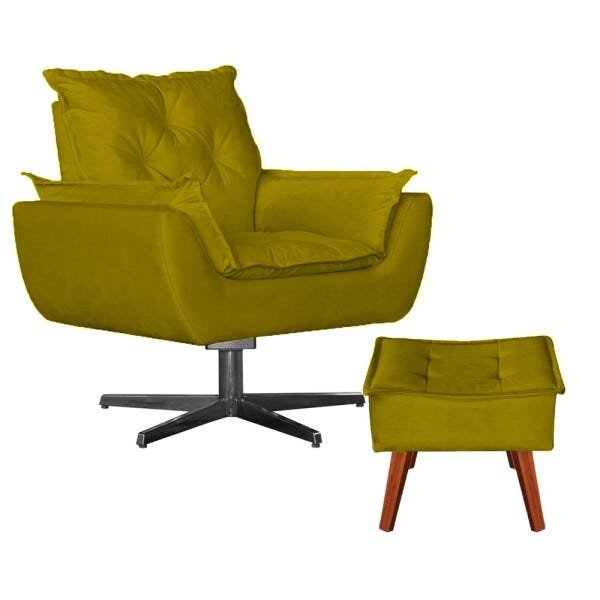 Poltrona Opala Base de Balanço com Puff Amamentação Suede Amarelo - 1