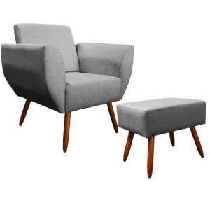 Poltrona Jolly com Puff Dubay Decorativo e Amamentação Linho Cinza