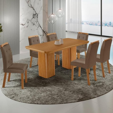 Conjunto Mesa de Jantar 180cm com 6 Cadeiras Estofadas Multimóveis Crrft-CON052 Madeirado/
