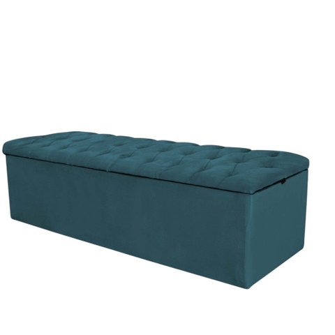 Calçadeira Com Baú Estofada Capitonê Livia 160cm Queen Size Para Cama Box Suede Azul Turquesa - Gat 