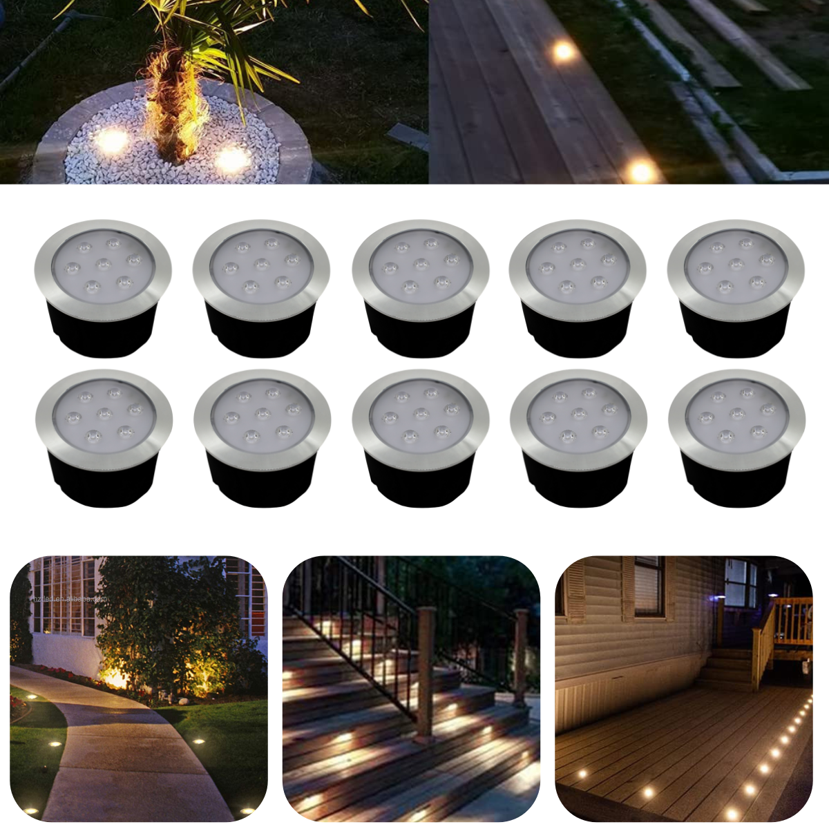 10 Luminárias Balizadores Spot Led SMD Em PVC De 7W Luz Branco Quente De Embutir Em Piso Chão Solo G