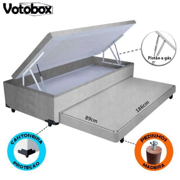 Cama Box Baú Solteiro 2 em 1 Auxiliar Bicama 96x203x45cm Suede Cinza Votobox - 3