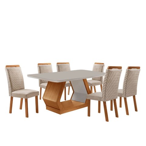 Mesa de Jantar Alvorada 180cm Tampo MDF Vidro Canto Copo com 6 Cadeiras Aline Moderna Mobília