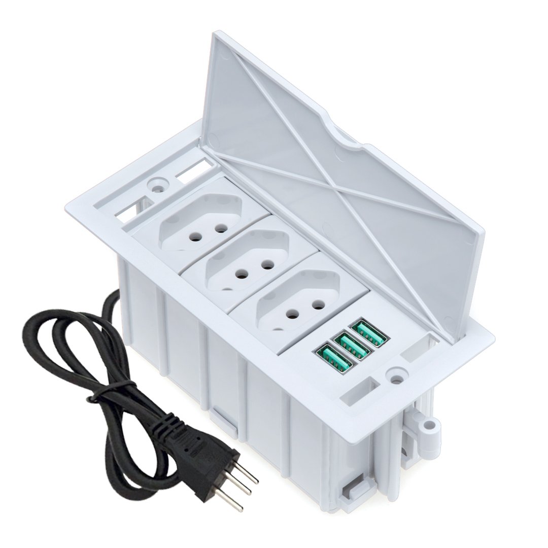 Caixa de Tomada 4 Blocos 3 Tomadas 10a 3 Usb 5.2a:branco