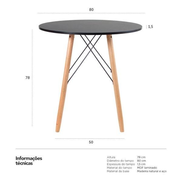 Mesa de Jantar Redonda Eiffel Design - Pé Palito - 80cm - Preto - 6