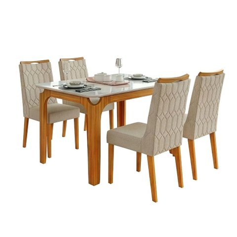 Conjunto Sala de Jantar Mesa Tampo em Vidro 1,20m Mel 4 Cadeiras Bel