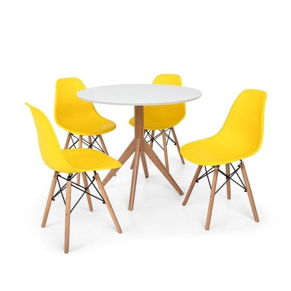 Conjunto Mesa de Jantar Maitê 80cm Branca com 4 Cadeiras Charles Eames - Amarela - 1