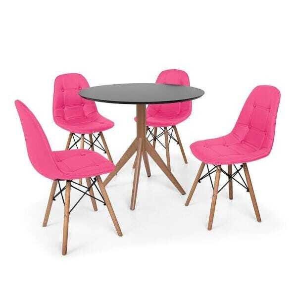 Conjunto Mesa de Jantar Maitê 80cm Preta com 4 Cadeiras Charles Eames Botonê - Rosa - 1