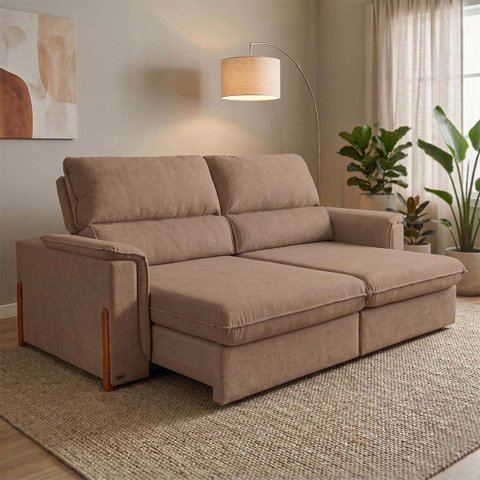 Sofá Retrátil Reclinável Linea 2,70m Linho Bouclê Marrom Duplo Molejo - King House