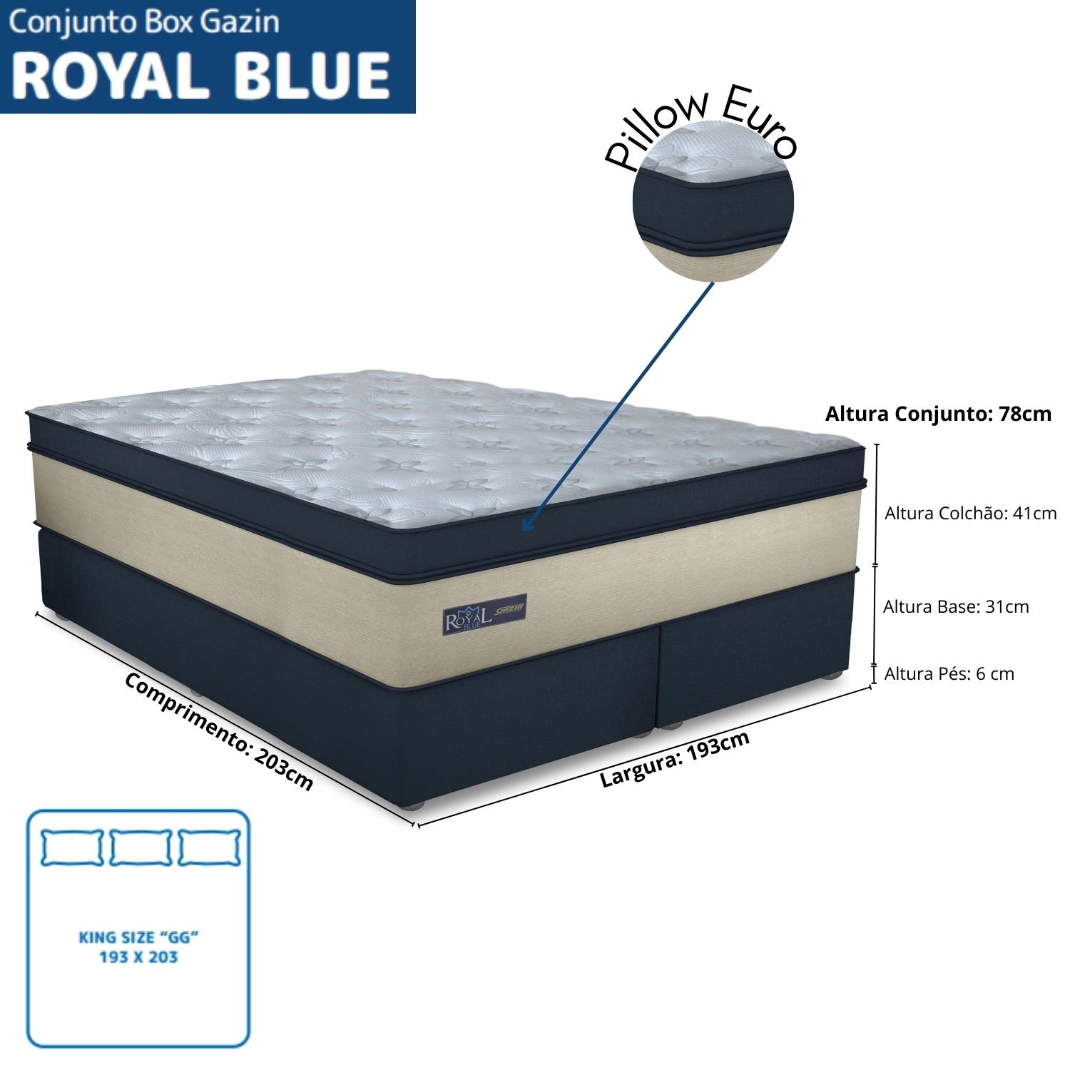 Cama Box Casal King Size 193x203x78cm Royal Blue Gazin Colchões Megasul - 3