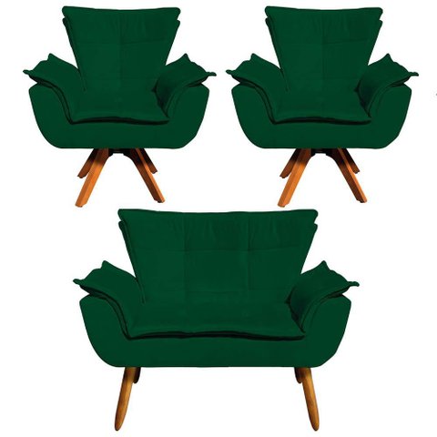 Kit 01 Namoradeira e 02 Poltronas Opala Suede Verde