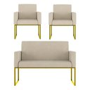 Ver imagem 1 de Kit 2 Poltronas + Namoradeira Lugares Recepção Base Dourada Bege