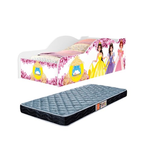 Cama Carro Solteiro com Proteção Lateral de Mdf Adesivada Das Princesas com Colchão D20