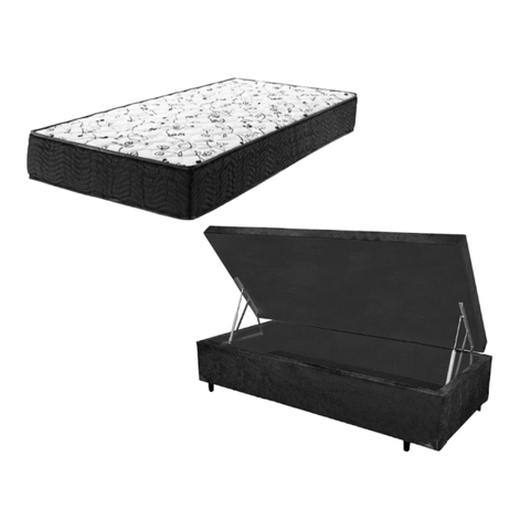 Cama Box Baú Solteiro Resistence Suede Preto + Colchão Solteiro Resistence Espuma D33 17x88x188