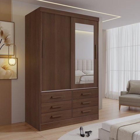 Guarda-Roupa 2 Portas de Correr com Espelho 6 Gavetas Meridian Gold Castanho