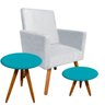 Kit 01 Poltrona Nina Suede Cinza com 02 Mesas Laterais Azul Pés Palito Castanho - 1