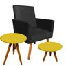 Kit 01 Poltrona Nina Suede Preto com 02 Mesas Laterais Amarela Pés Palito Castanho - 1