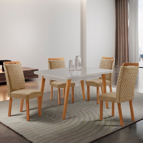 Mesa de Jantar Copper 120cm Tampo MDF Vidro Canto Copo com 4 Cadeiras Aline