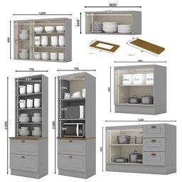 Cozinha Completa 6 Peças Americana Cinza com Cristaleira Tampo Nature - Móveis Henn - 3