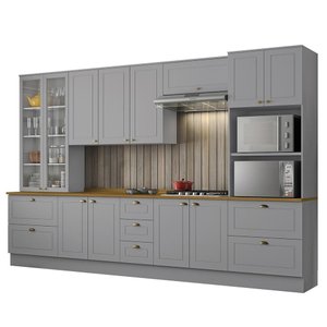 Cozinha Completa 6 Peças Americana Cinza com Cristaleira Tampo Nature - Móveis Henn