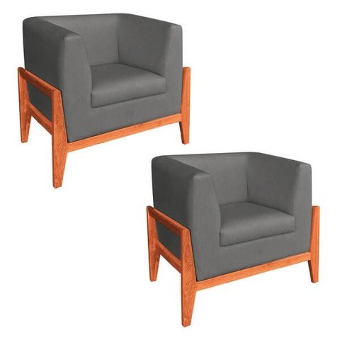 Kit 2 Poltronas Lucy Linho Cinza A26 Base Madeira Castanho D'Rossi
