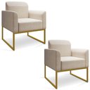 Ver imagem 1 de Kit 02 Poltronas Marisa Linho Areia A27 Base Industrial Metálica Dourado