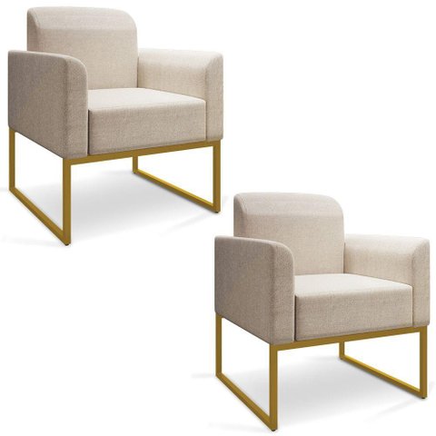 Kit 02 Poltronas Marisa Linho Areia A27 Base Industrial Metálica Dourado