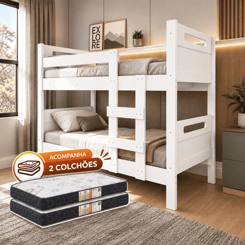 Beliche Reforçada 100% MDF com 2 Colchões D20 Solteiro 188x88x12cm com Grade e Escada - Branco