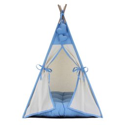 Cabana Cachorro Gato Camping Pet - Algodão Cru e Azul Poá - Tamanho Único - 2