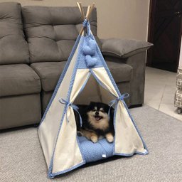 Cabana Cachorro Gato Camping Pet - Algodão Cru e Azul Poá - Tamanho Único - 6
