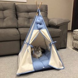 Cabana Cachorro Gato Camping Pet - Algodão Cru e Azul Poá - Tamanho Único - 8