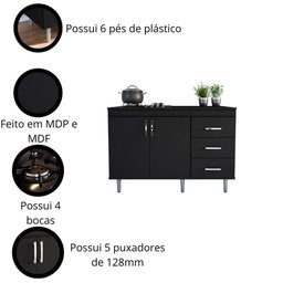 Balcão para Cooktop 1,20m 5 Bocas 2 Portas e 3 Gavetas Turim - 3