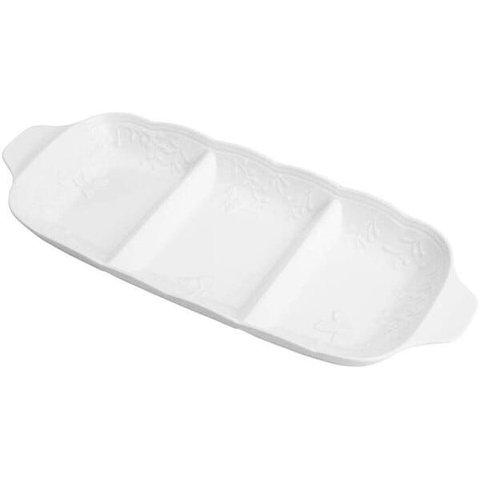 Petisqueira com 3 Divisorias de Porcelana New Bone Butterfly Flower 33,5x14,5x3,5cm