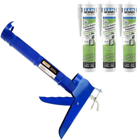 Kit Aplicador de Silicone Fechado Starfer + 3 Silicone Acético Tekbond Incolor 256g