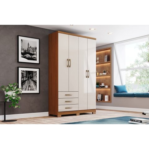 Guarda Roupa de Solteiro 4 Portas e 3 Gavetas Caju Cinamomo Off White - Henn