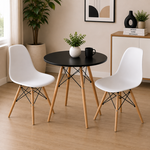 Conjunto Mesa Jantar Eiffel 70cm Preta + 2 Cadeiras Charles Eames - Branca
