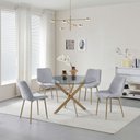 Ver imagem 1 de Conjunto Mesa de Jantar Lara 120cm Vidro Redondo Aço Carbono Bronze 4 Cadeiras em Linho Cinza
