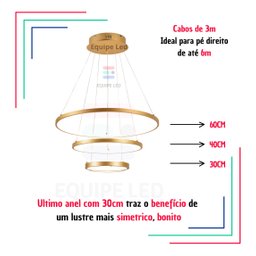 Lustre Pendente Moderno Anéis Led 89w 3 Arcos 60cm Cor Dourado Equipe Led - 3