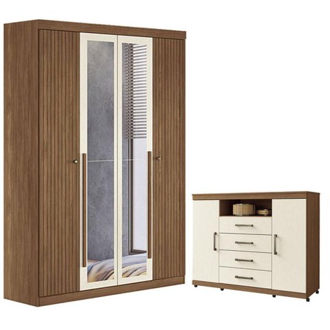 Guarda Roupa Casal Ripado 4 Portas Buriti com Espelho e Cômoda Havana Master com Rodizio Jatobá Arei